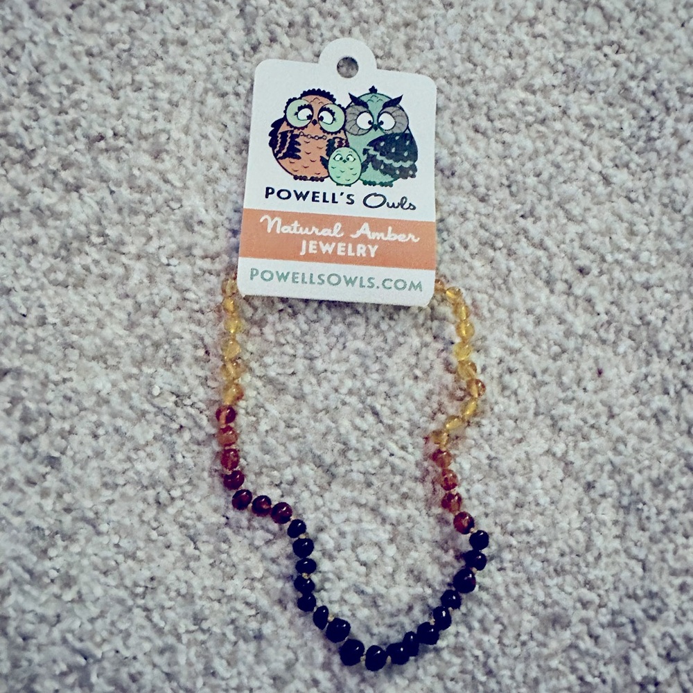 PowellsOwl Amber  teething necklace for baby 14in